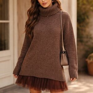2 Piece Brown Turtleneck Sweater Dress Set